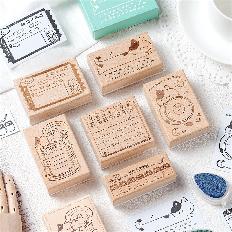 Rubber Date Stamp - แสตมป์ยางลายแมวน่ารัก วัสดุไม้ สำหรับปฏิทินรายเดือน กรอบป้าย ป้ายตกแต่งสมุดแพลนเนอร์ DIY