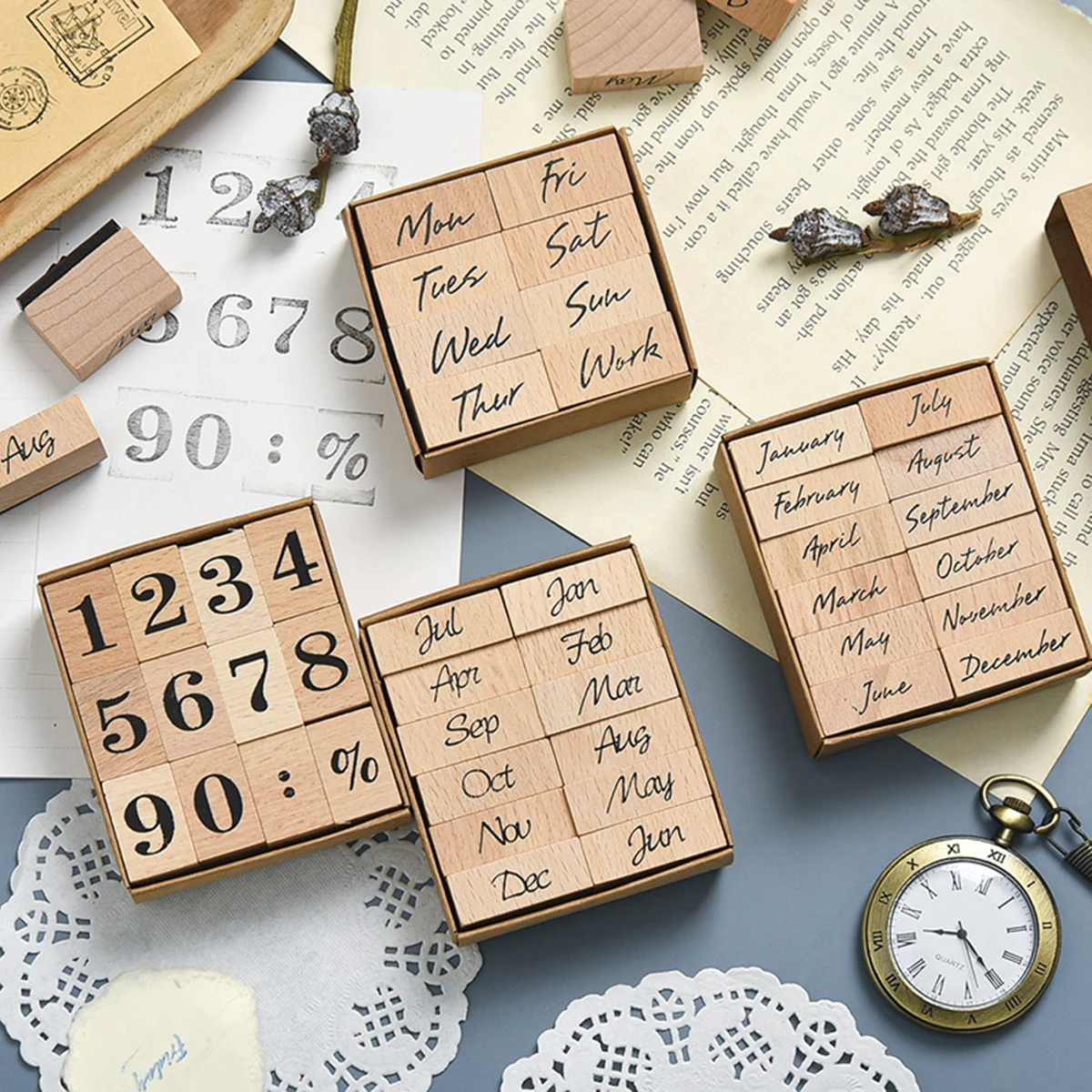 Rubber Date Stamp - ตราประทับวันที่ทำจากไม้และยาง 12 เดือน 12 วันในสัปดาห์ สำหรับตกแต่งสมุดแพลนเนอร์